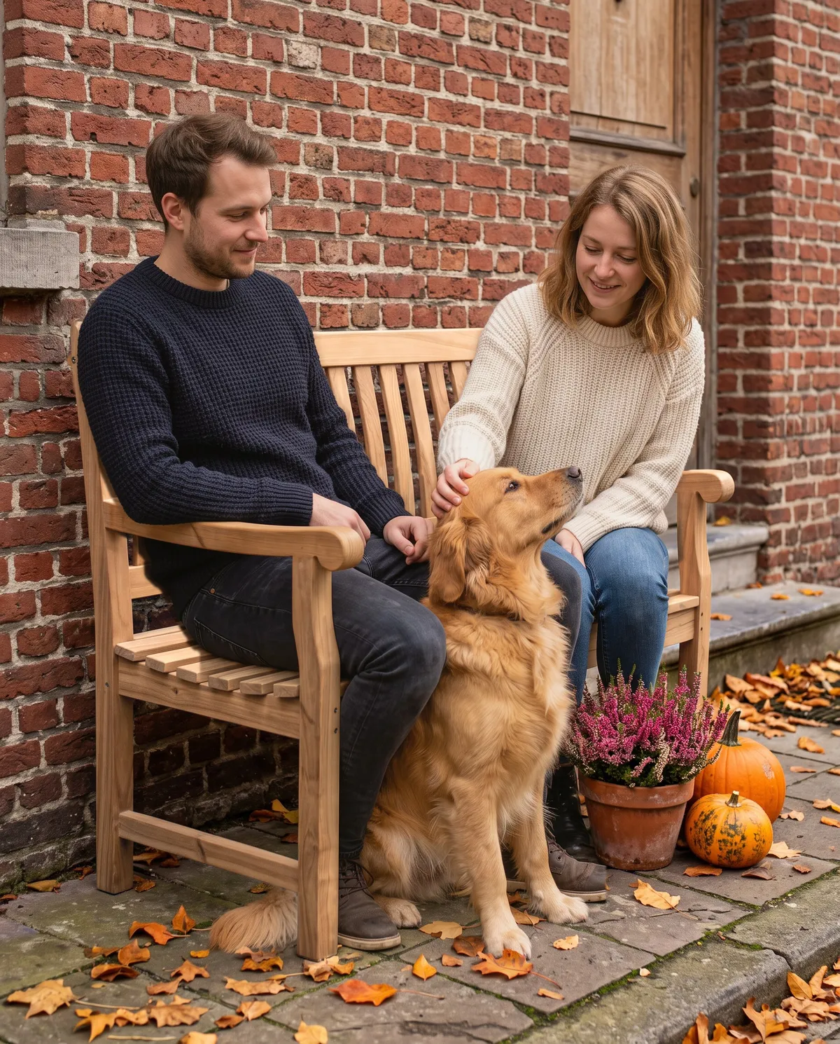 Een koppel met hun hond op een kleine teakbank bij de voordeur