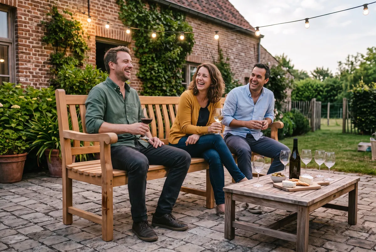 Vrienden op een teakbank op een zomeravond